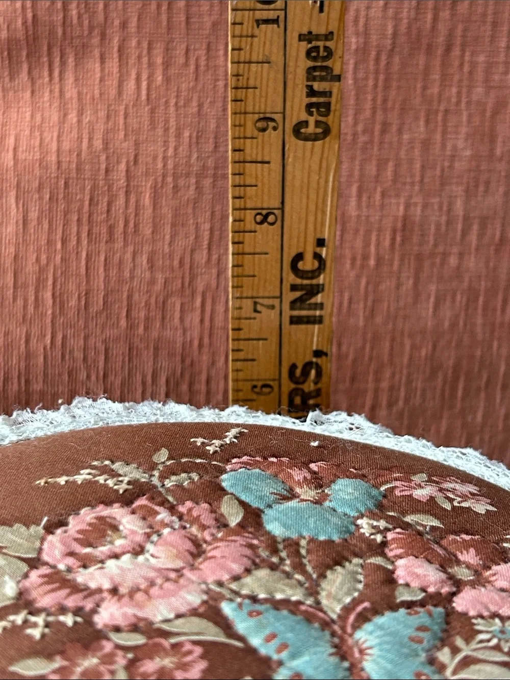 Decor Round Floral Quilted/lace Pillow - Rust/Pink/Cream - Butterfly/flowers